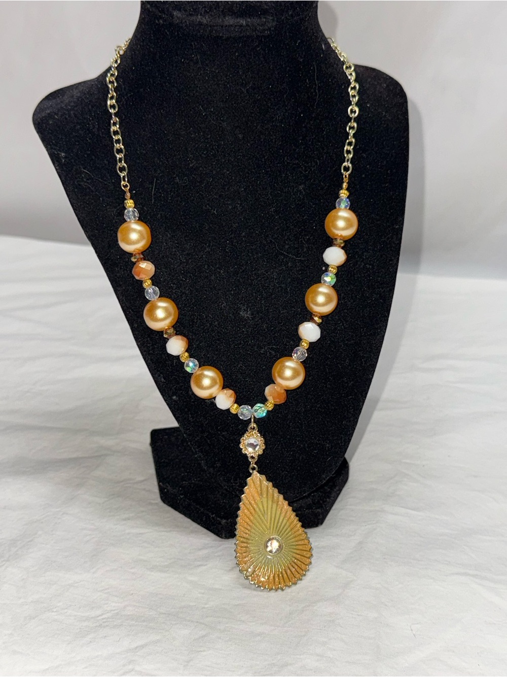 Gold Beaded Teardrop Pendant Necklace - Women Jewelry